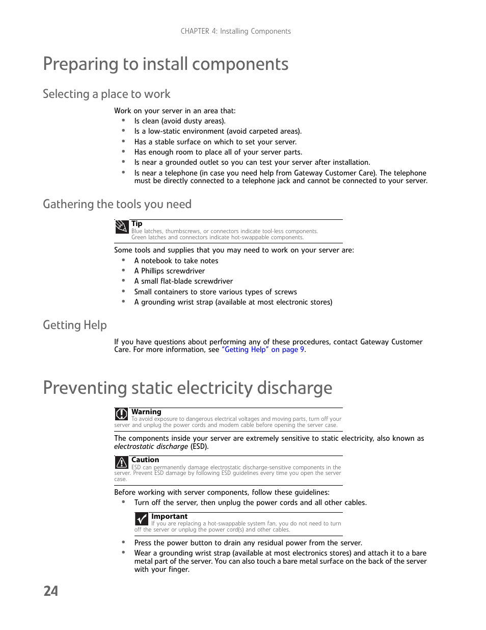 Preparing to install components, Selecting a place to work, Gathering the tools you need | Getting help, Preventing static electricity discharge | Gateway E-9722R User Manual | Page 30 / 112