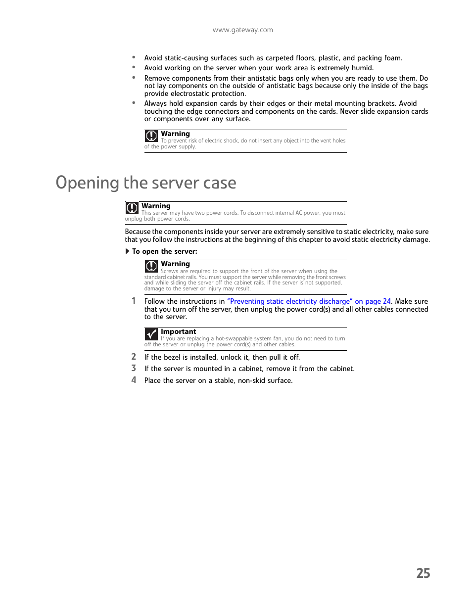 Opening the server case | Gateway E-9722R User Manual | Page 31 / 112