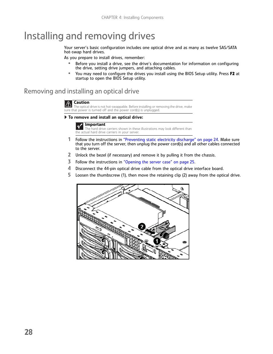 Installing and removing drives, Removing and installing an optical drive | Gateway E-9722R User Manual | Page 34 / 112