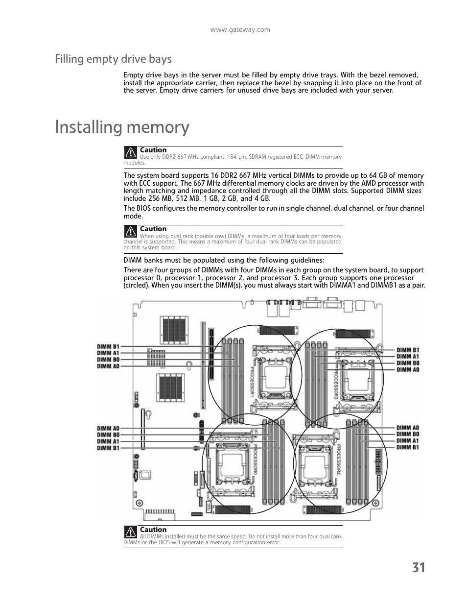 Filling empty drive bays, Installing memory | Gateway E-9722R User Manual | Page 37 / 112
