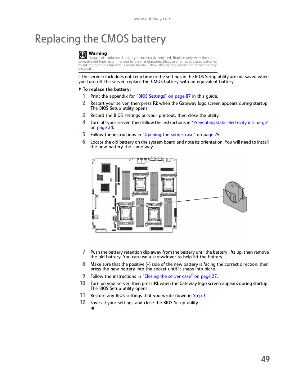 Replacing the cmos battery | Gateway E-9722R User Manual | Page 55 / 112