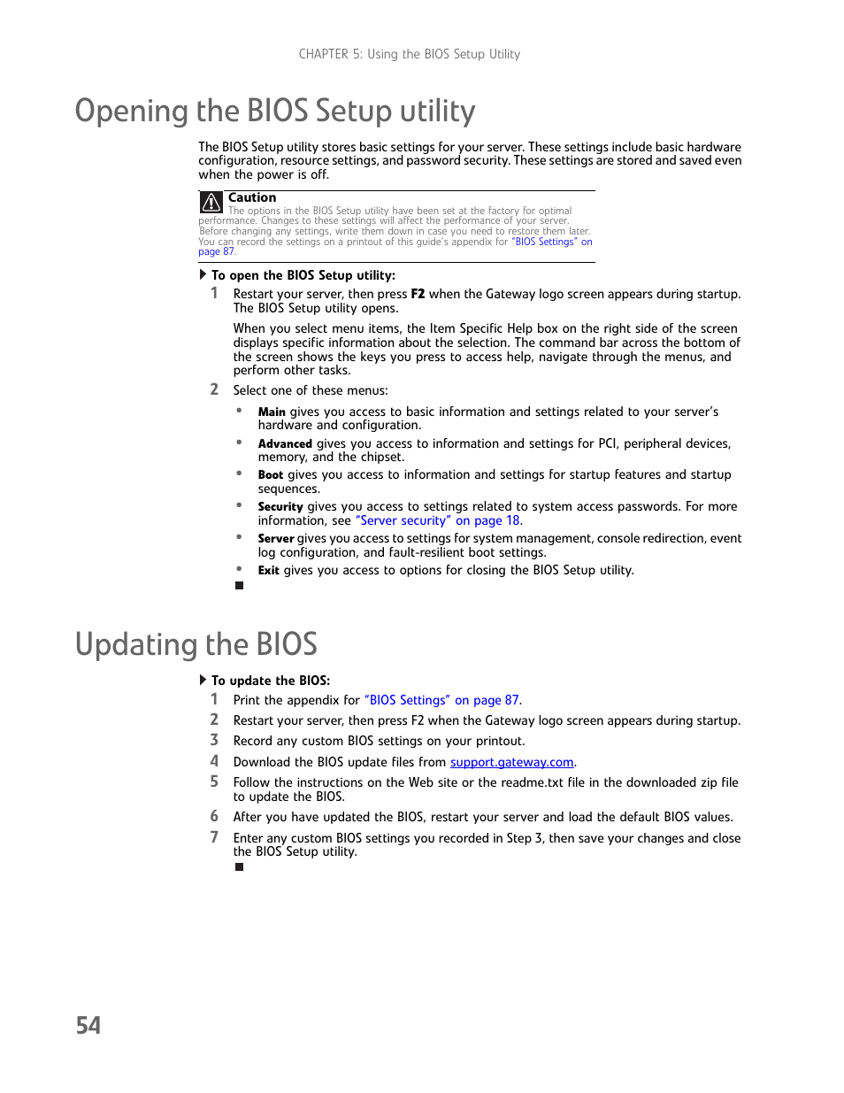 Opening the bios setup utility, Updating the bios, Opening the bios setup utility updating the bios | Gateway E-9722R User Manual | Page 60 / 112