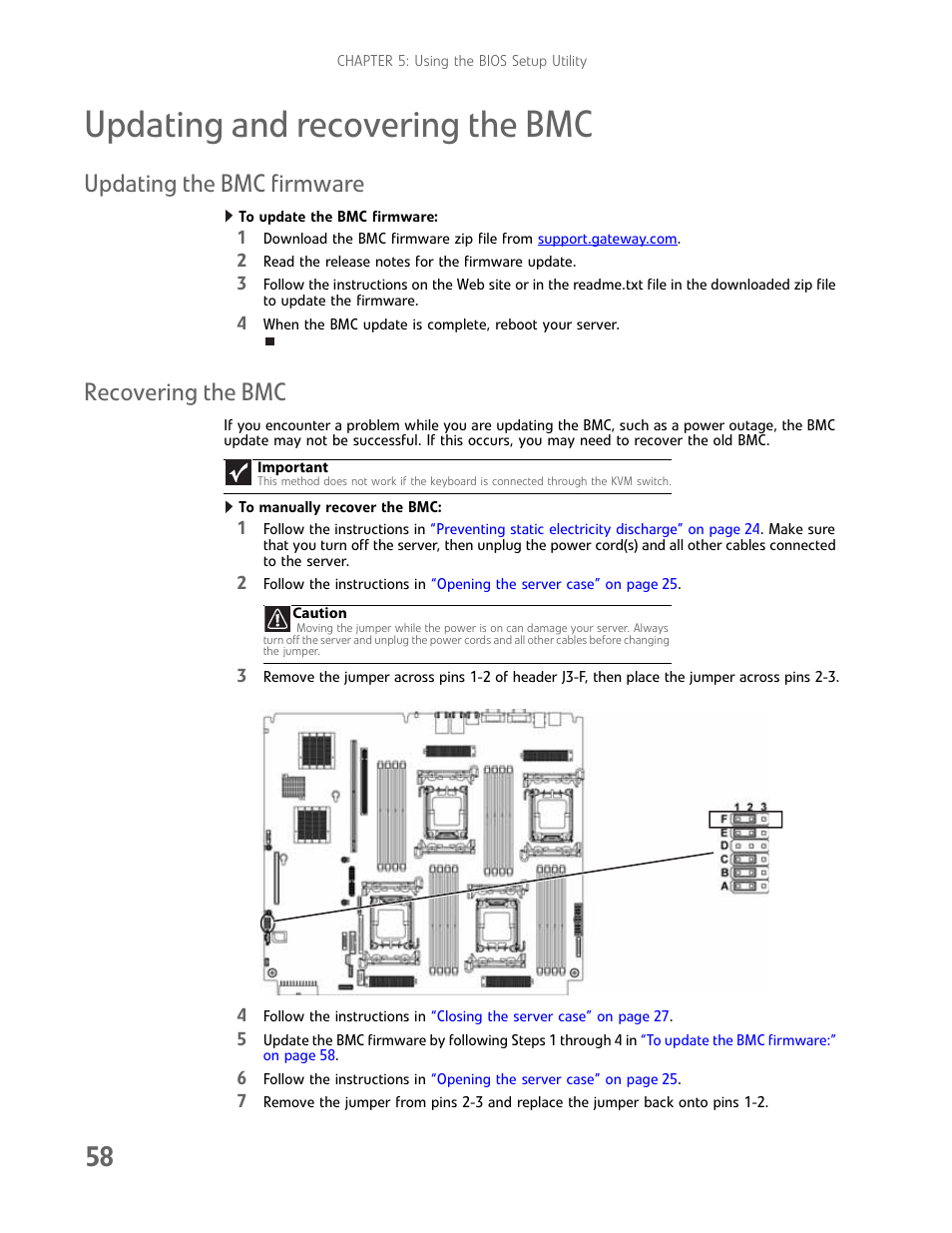 Updating and recovering the bmc, Updating the bmc firmware, Recovering the bmc | Updating the bmc firmware recovering the bmc | Gateway E-9722R User Manual | Page 64 / 112