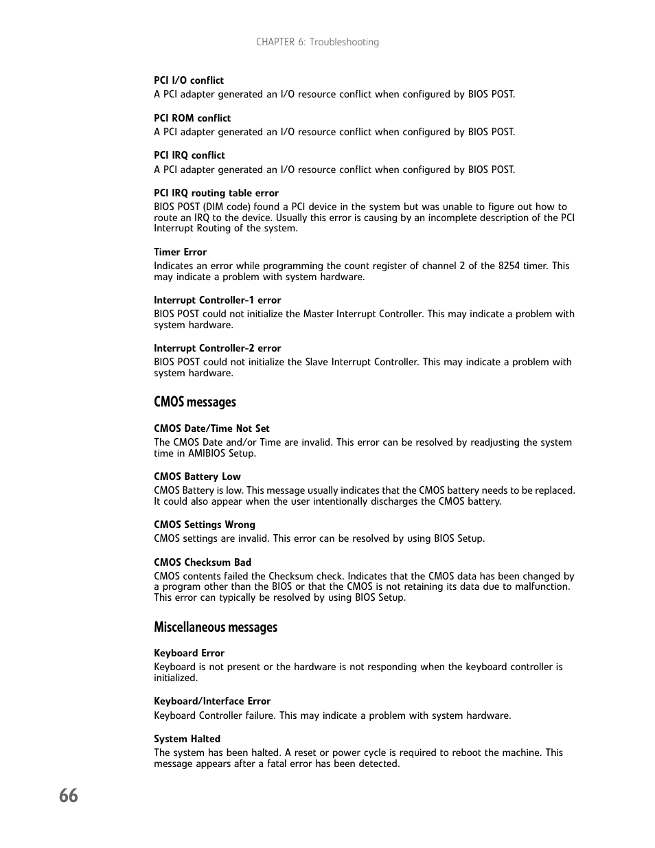 Cmos messages, Miscellaneous messages | Gateway E-9722R User Manual | Page 72 / 112