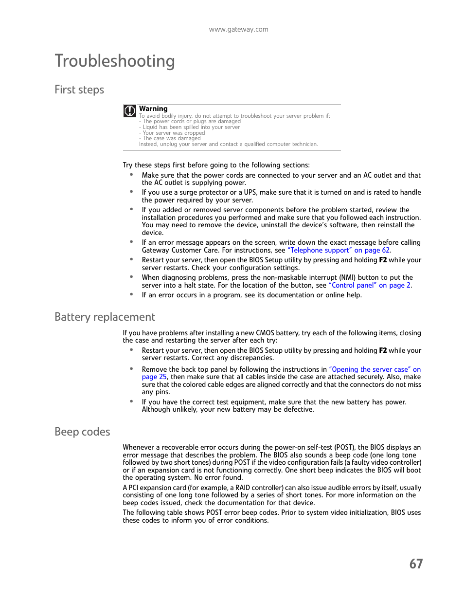 Troubleshooting, First steps, Battery replacement | Beep codes, First steps battery replacement beep codes | Gateway E-9722R User Manual | Page 73 / 112