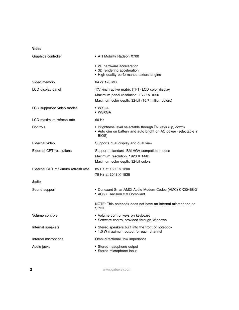 Video, Audio | Gateway 8000 User Manual | Page 2 / 7