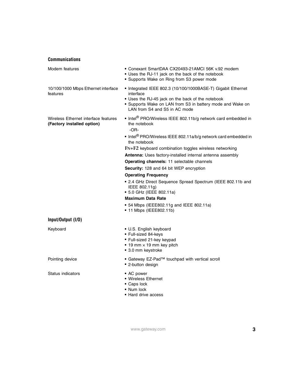 Communications, Input/output (i/o) | Gateway 8000 User Manual | Page 3 / 7