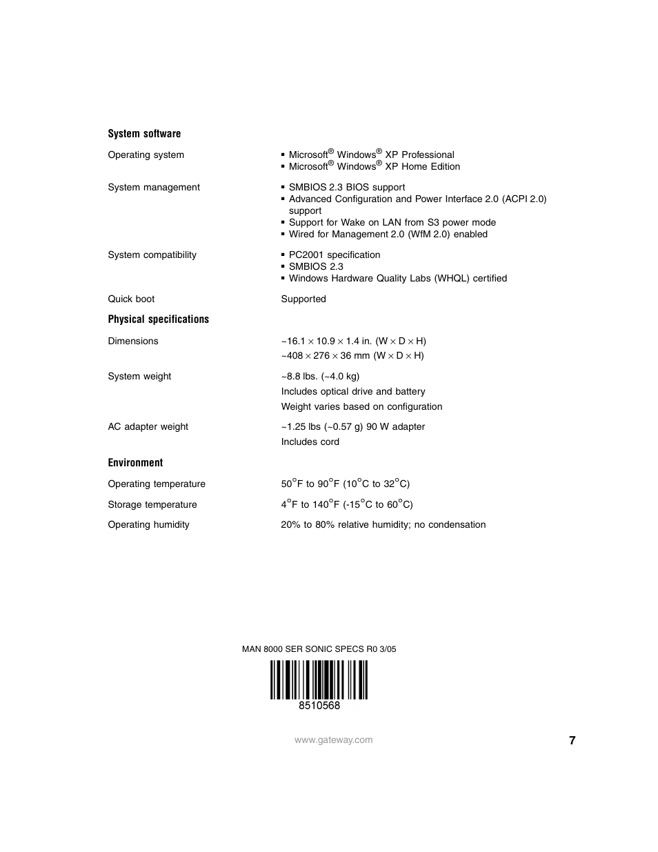System software, Physical specifications, Environment | Gateway 8000 User Manual | Page 7 / 7