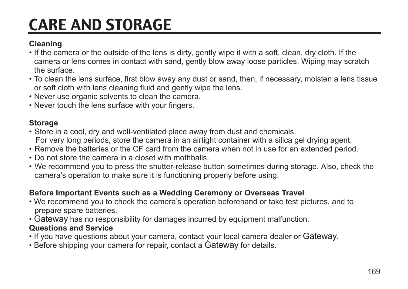 Care and storage | Gateway DC-M50 User Manual | Page 169 / 174