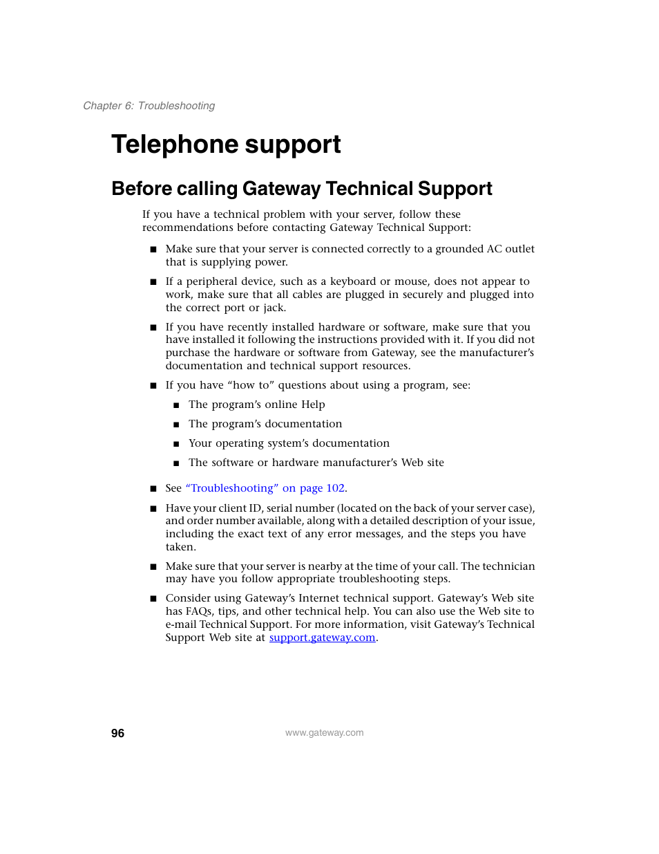 Telephone support, Before calling gateway technical support | Gateway 955 User Manual | Page 102 / 144