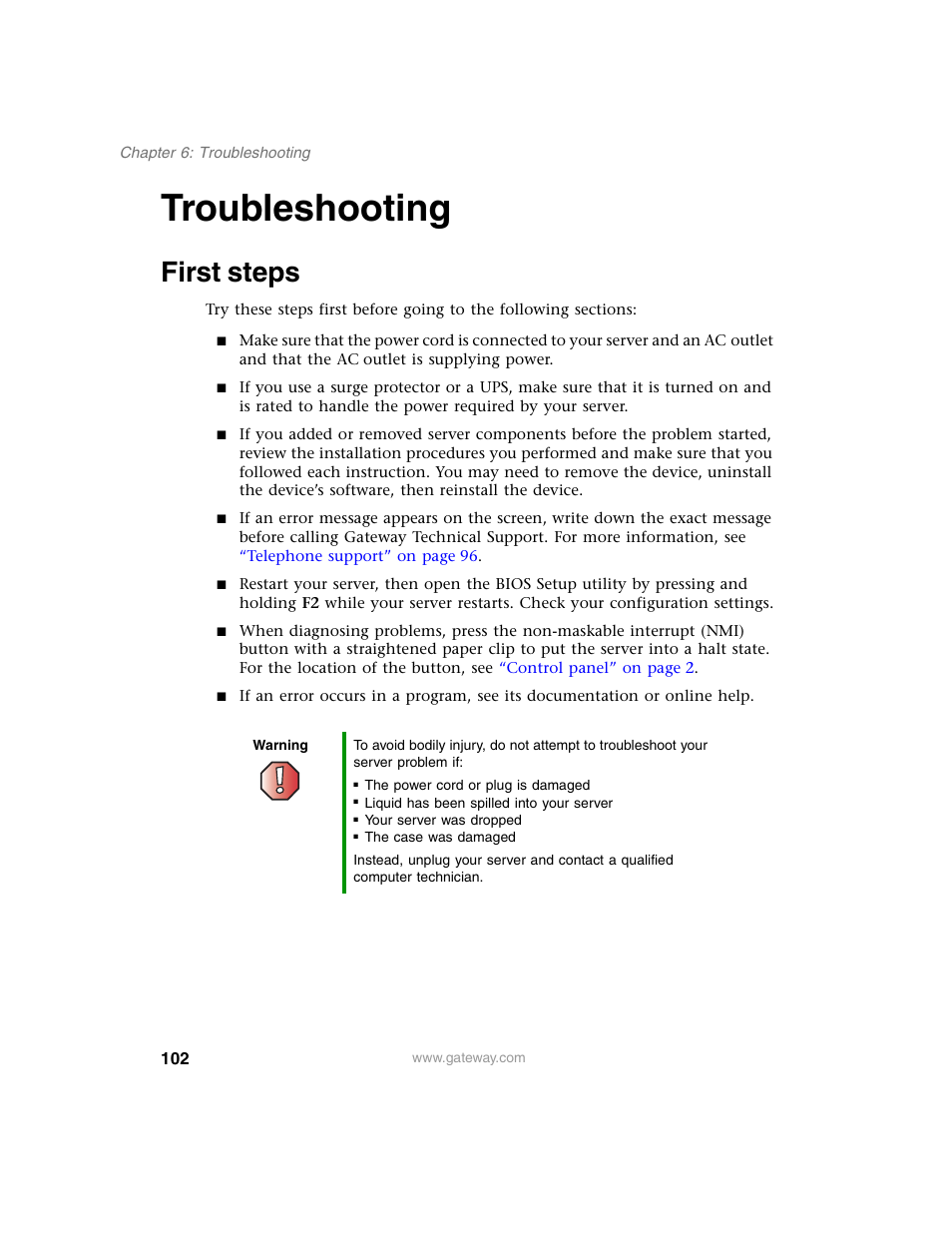 Troubleshooting, First steps | Gateway 955 User Manual | Page 108 / 144