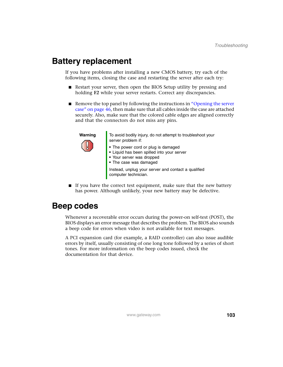 Battery replacement, Beep codes, Battery replacement beep codes | Gateway 955 User Manual | Page 109 / 144