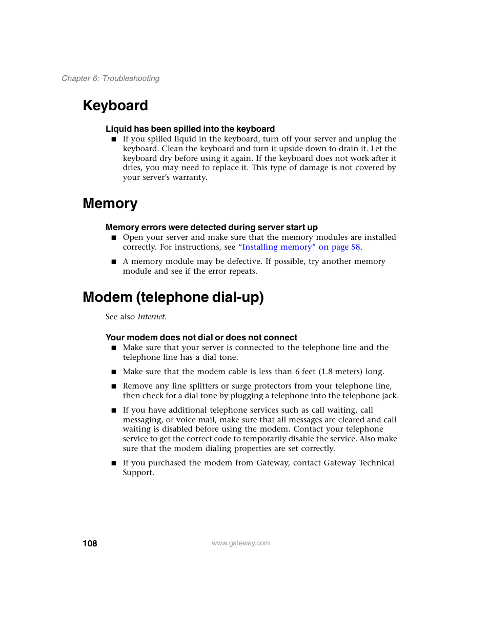 Keyboard, Memory, Modem (telephone dial-up) | Keyboard memory modem (telephone dial-up) | Gateway 955 User Manual | Page 114 / 144