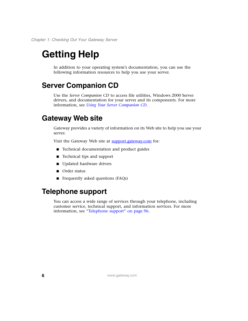 Getting help, Server companion cd, Gateway web site | Telephone support | Gateway 955 User Manual | Page 12 / 144