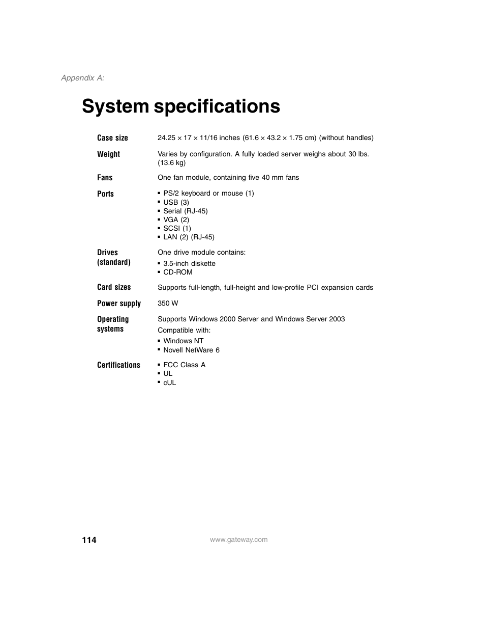 System specifications | Gateway 955 User Manual | Page 120 / 144