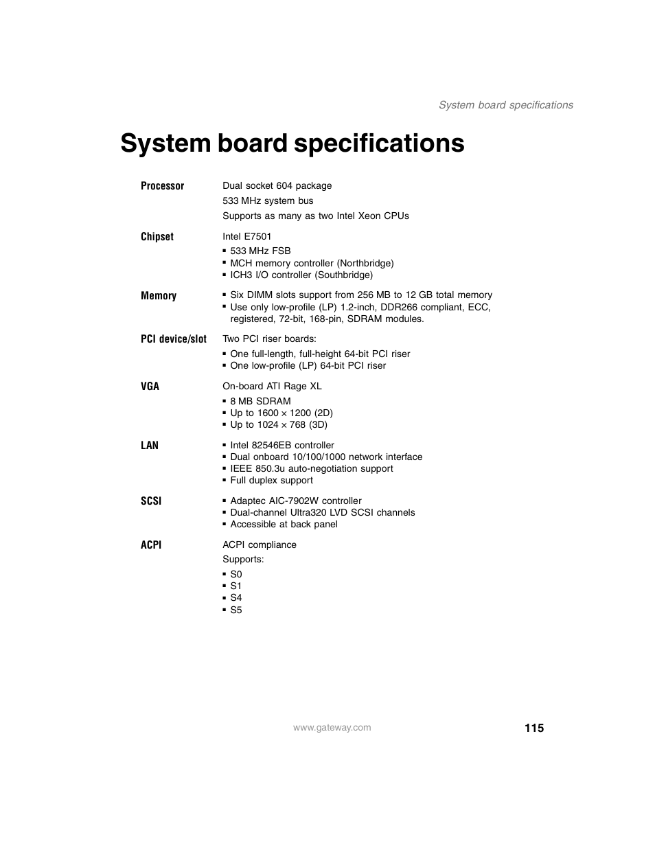 System board specifications | Gateway 955 User Manual | Page 121 / 144