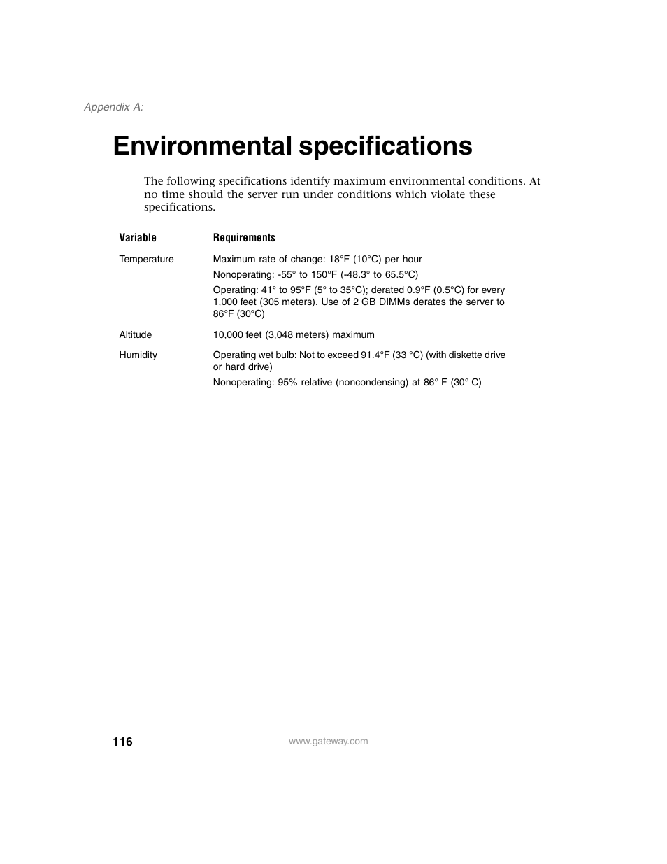 Environmental specifications | Gateway 955 User Manual | Page 122 / 144