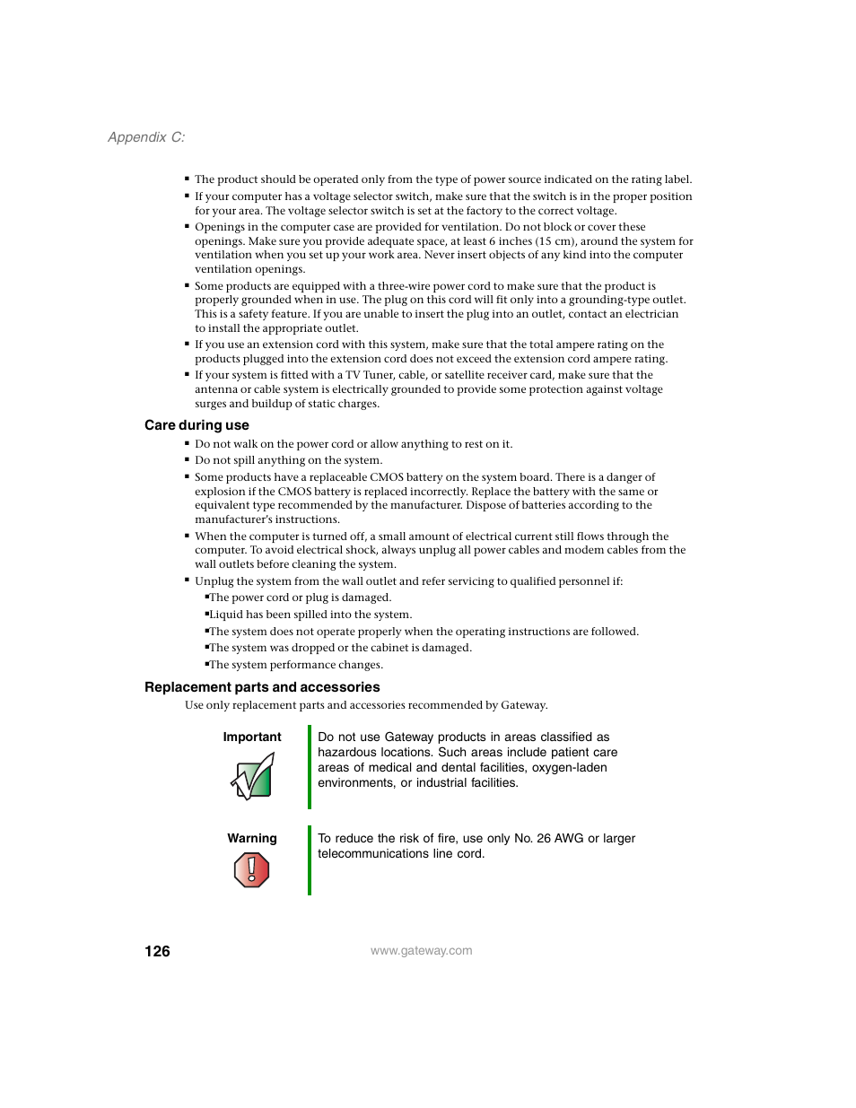 Appendi x c, Care during use, Replacement parts and accessories | Gateway 955 User Manual | Page 132 / 144