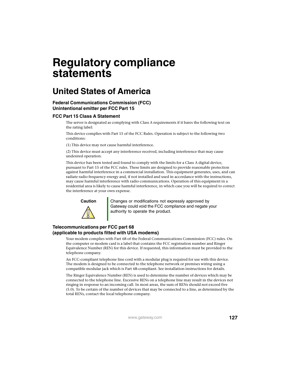 Regulatory compliance statements, United states of america | Gateway 955 User Manual | Page 133 / 144