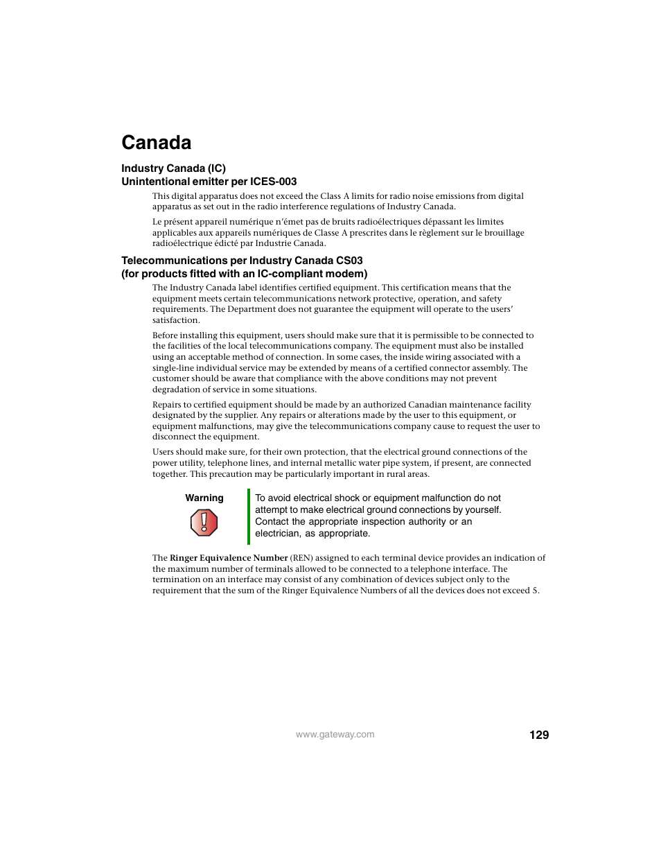 Canada | Gateway 955 User Manual | Page 135 / 144