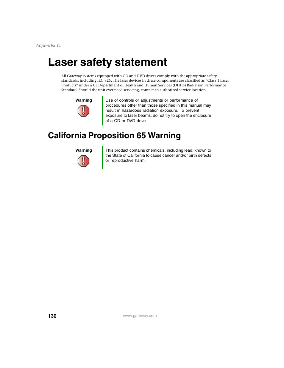 Laser safety statement, California proposition 65 warning | Gateway 955 User Manual | Page 136 / 144