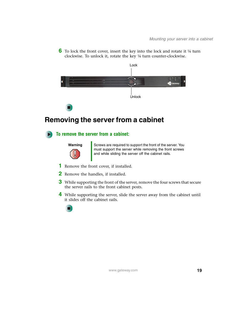 Removing the server from a cabinet | Gateway 955 User Manual | Page 25 / 144