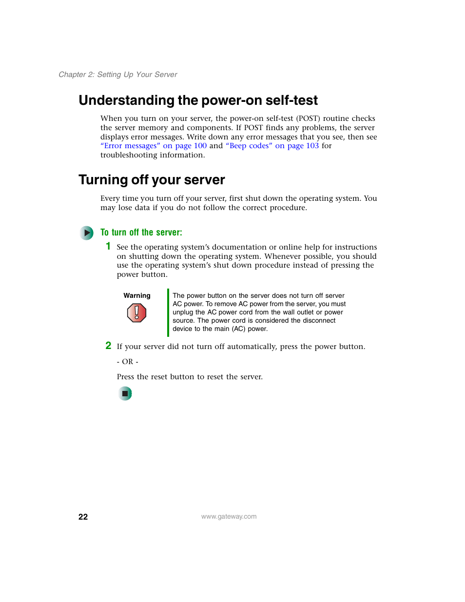 Understanding the power-on self-test, Turning off your server | Gateway 955 User Manual | Page 28 / 144