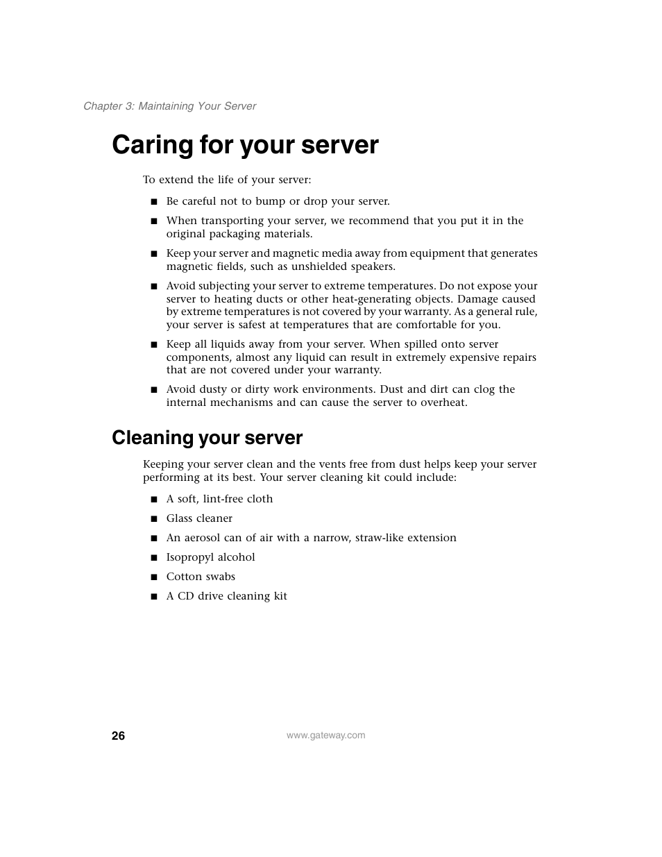 Caring for your server, Cleaning your server | Gateway 955 User Manual | Page 32 / 144