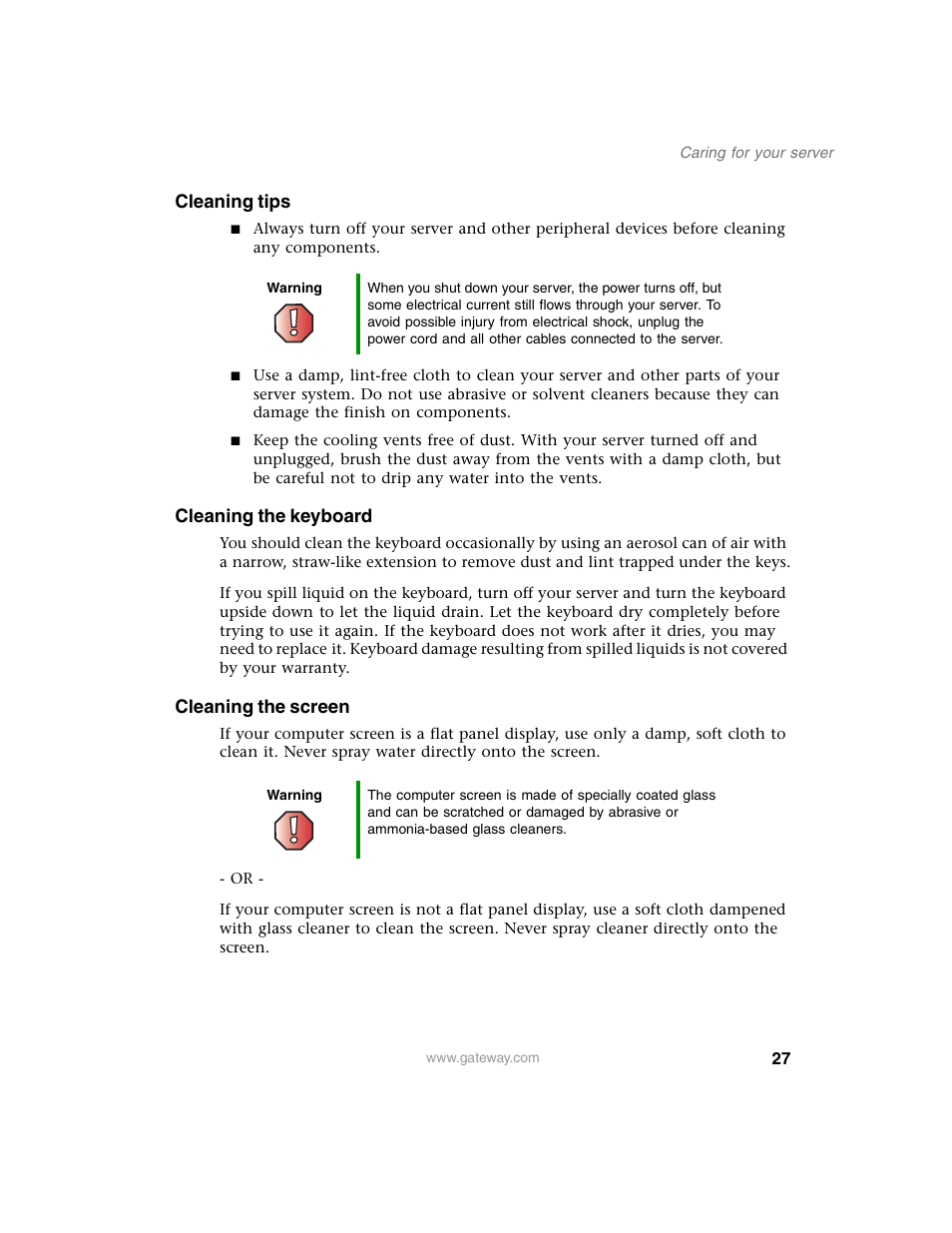 Cleaning tips, Cleaning the keyboard, Cleaning the screen | Gateway 955 User Manual | Page 33 / 144