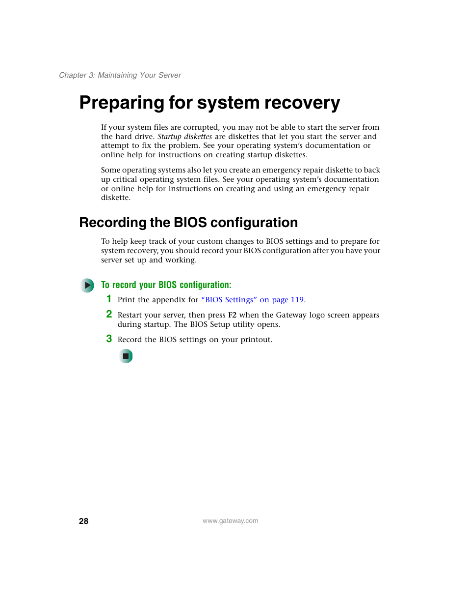 Preparing for system recovery, Recording the bios configuration | Gateway 955 User Manual | Page 34 / 144