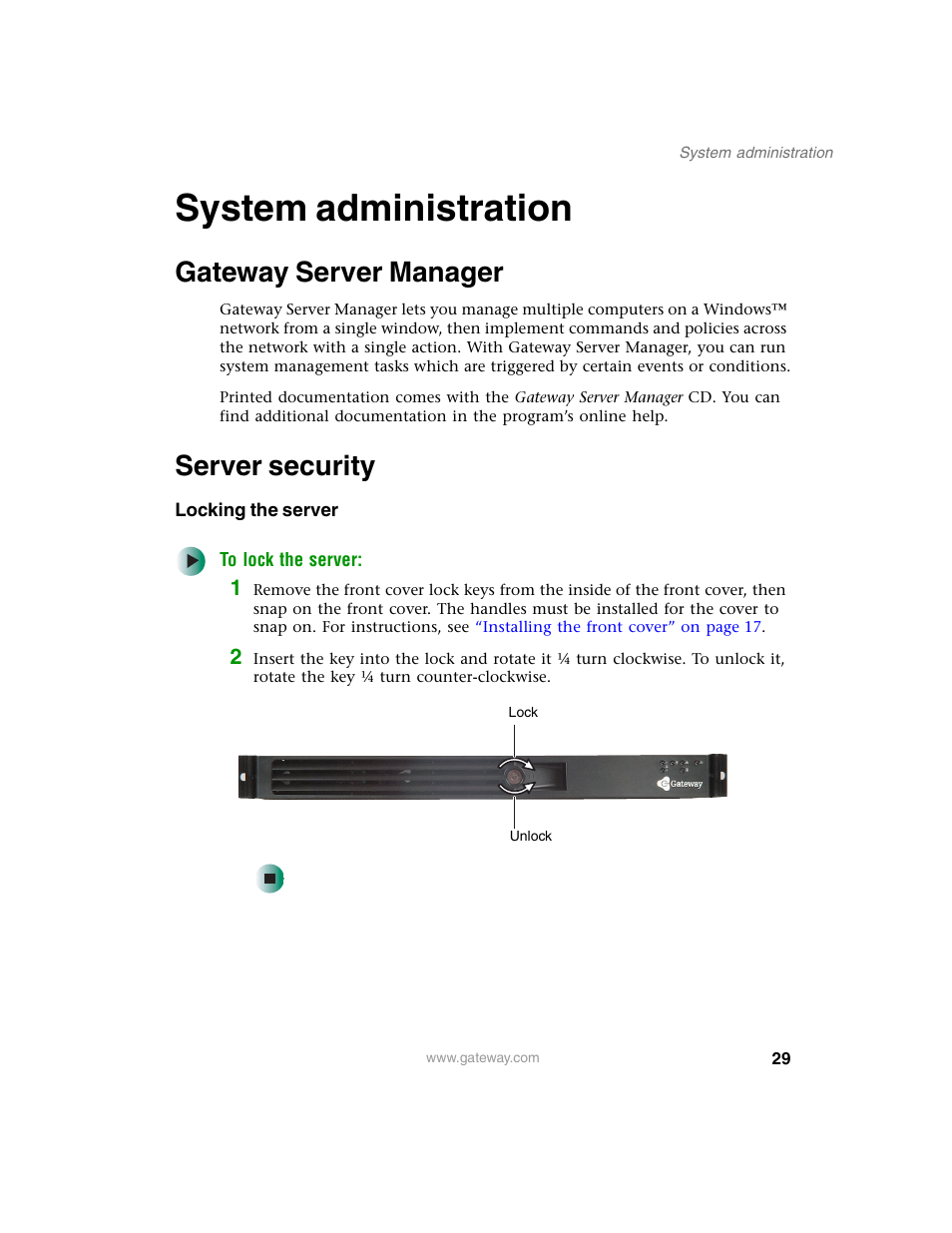 System administration, Gateway server manager, Server security | Locking the server, Gateway server manager server security | Gateway 955 User Manual | Page 35 / 144