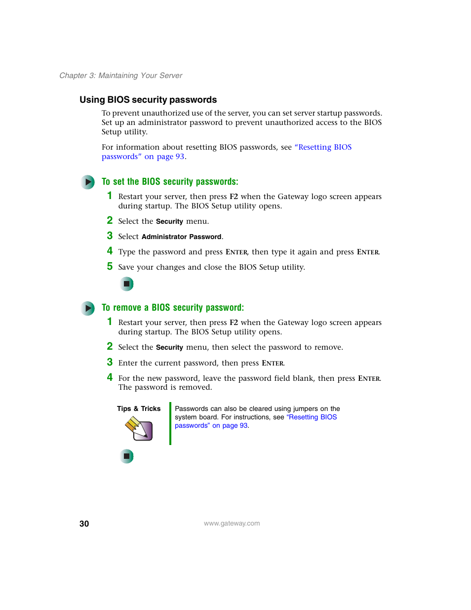 Using bios security passwords | Gateway 955 User Manual | Page 36 / 144