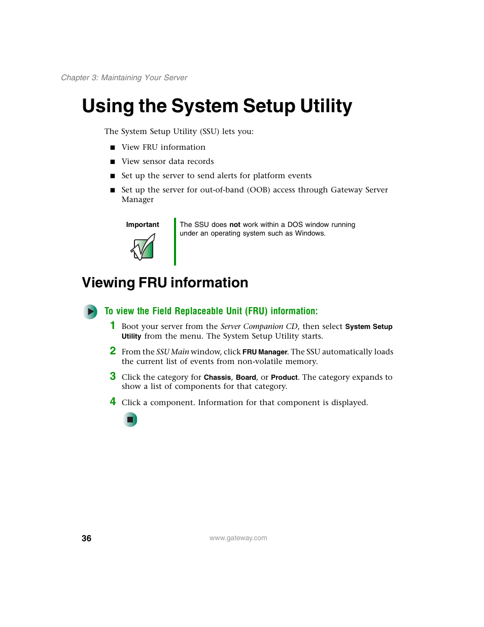 Using the system setup utility, Viewing fru information | Gateway 955 User Manual | Page 42 / 144