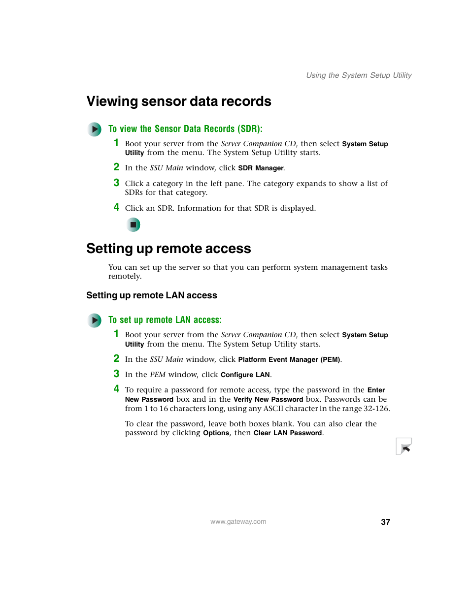 Viewing sensor data records, Setting up remote access, Setting up remote lan access | Gateway 955 User Manual | Page 43 / 144