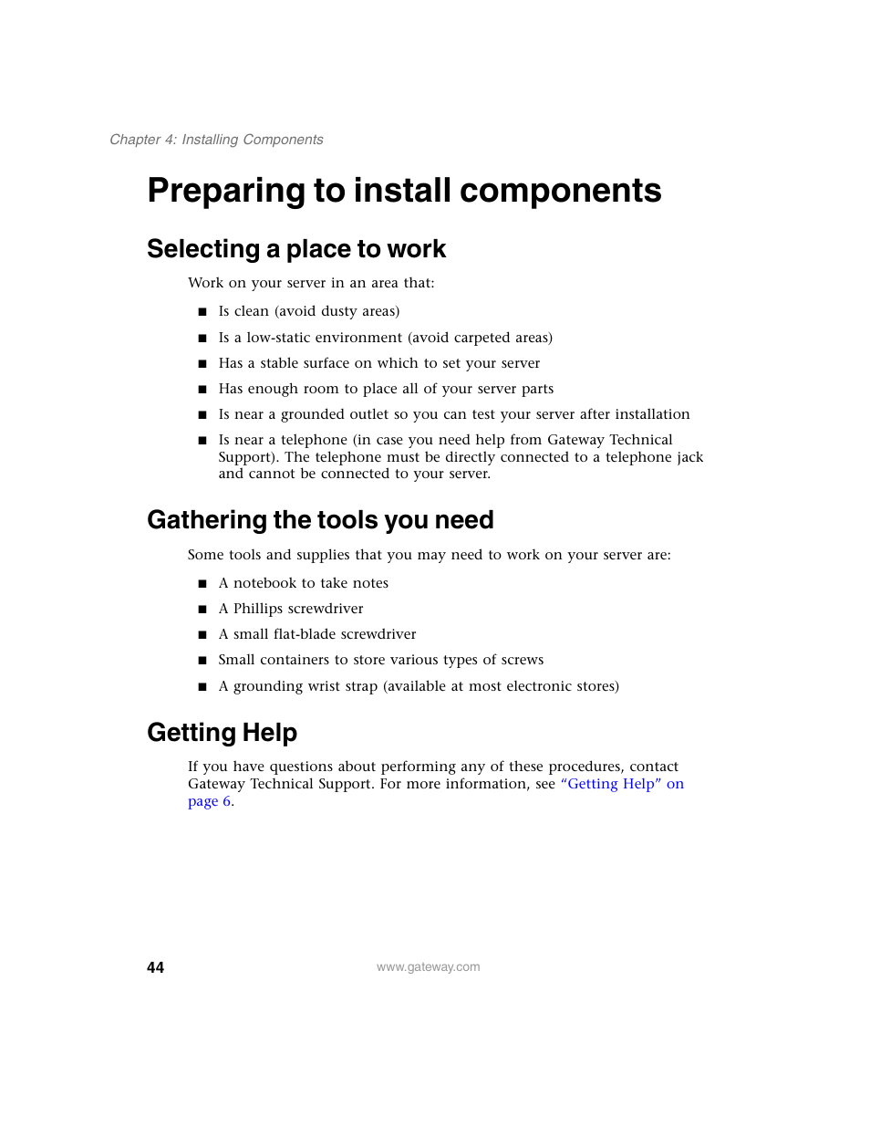 Preparing to install components, Selecting a place to work, Gathering the tools you need | Getting help | Gateway 955 User Manual | Page 50 / 144