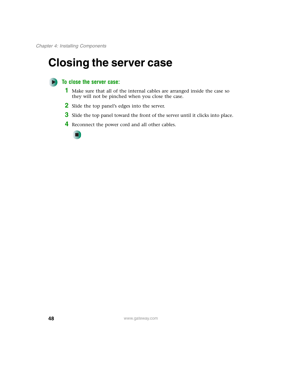 Closing the server case | Gateway 955 User Manual | Page 54 / 144