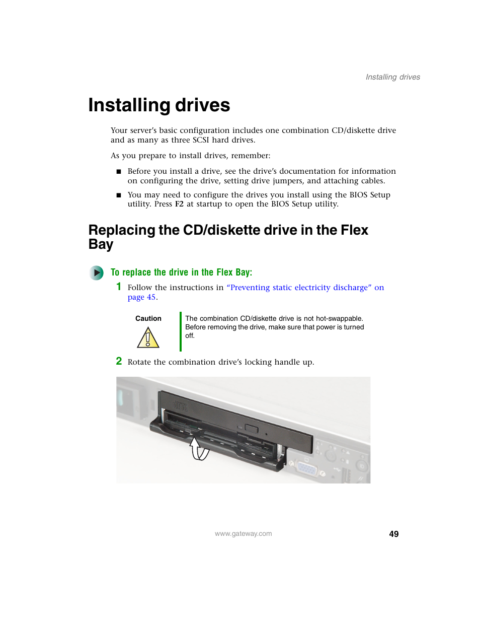 Installing drives, Replacing the cd/diskette drive in the flex bay | Gateway 955 User Manual | Page 55 / 144