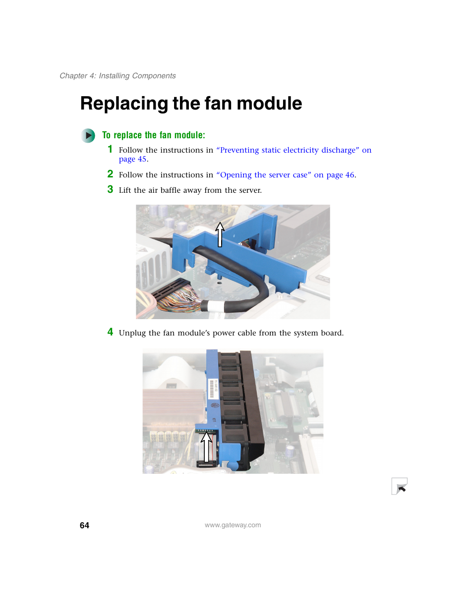 Replacing the fan module | Gateway 955 User Manual | Page 70 / 144