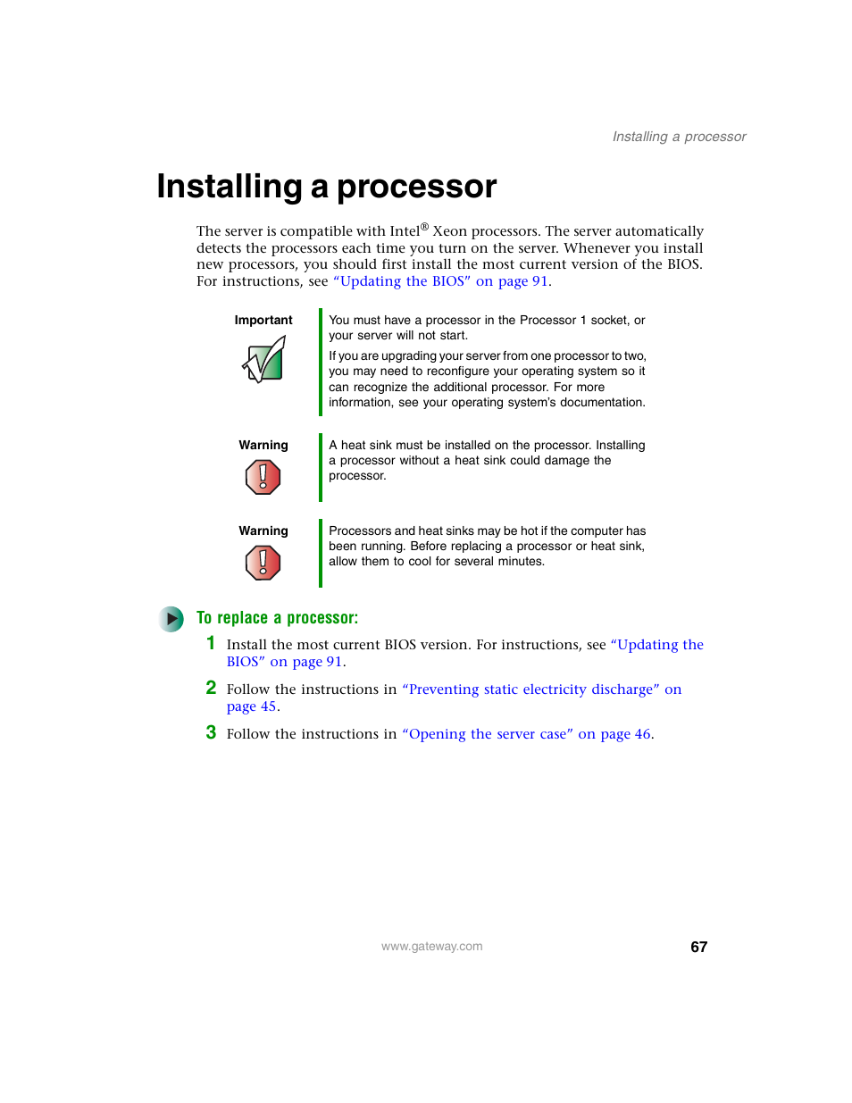 Installing a processor | Gateway 955 User Manual | Page 73 / 144