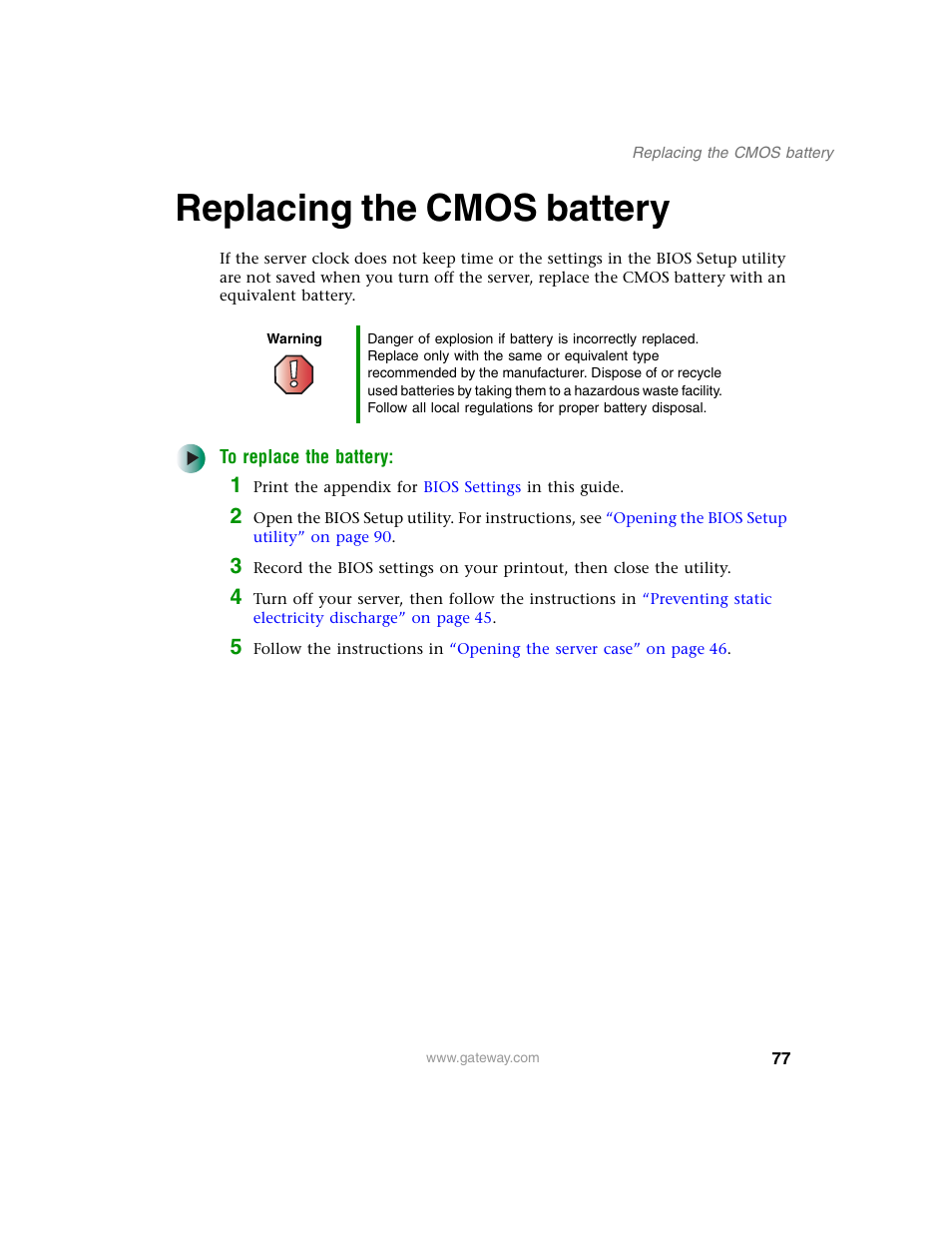 Replacing the cmos battery | Gateway 955 User Manual | Page 83 / 144