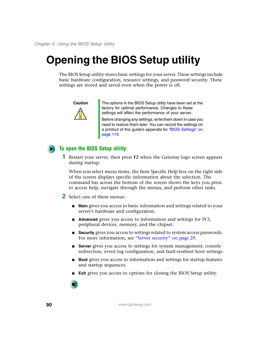 Opening the bios setup utility, Opening the bios setup | Gateway 955 User Manual | Page 96 / 144