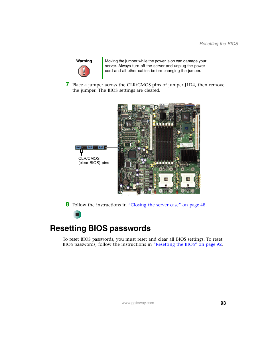 Resetting bios passwords, Resetting bios | Gateway 955 User Manual | Page 99 / 144