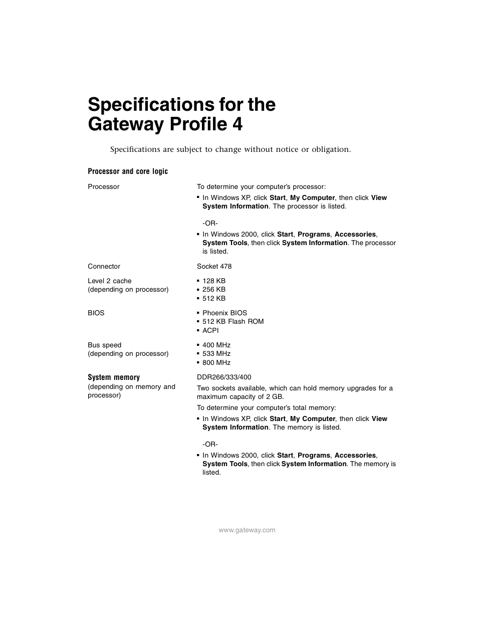 Gateway Profile 4 User Manual | 4 pages