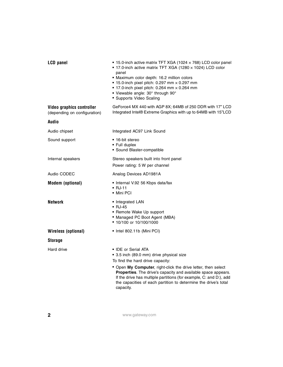 Lcd panel, Audio, Modem (optional) | Network, Wireless (optional), Storage, Video graphics controller | Gateway Profile 4 User Manual | Page 2 / 4