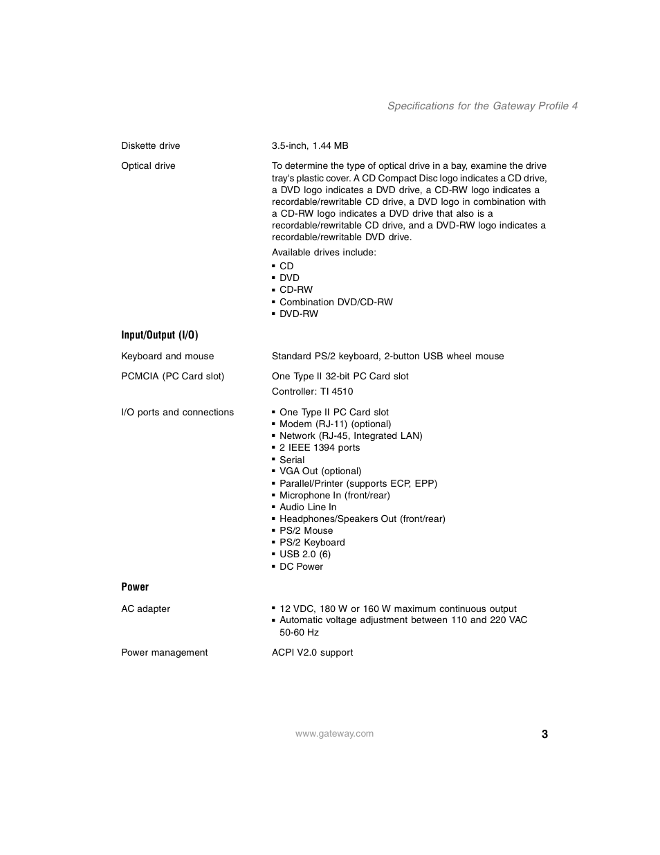 Input/output (i/o), Power, Specifications for the gateway profile 4 | Gateway Profile 4 User Manual | Page 3 / 4