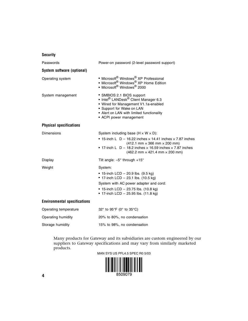 Security, System software (optional), Physical specifications | Environmental specifications | Gateway Profile 4 User Manual | Page 4 / 4