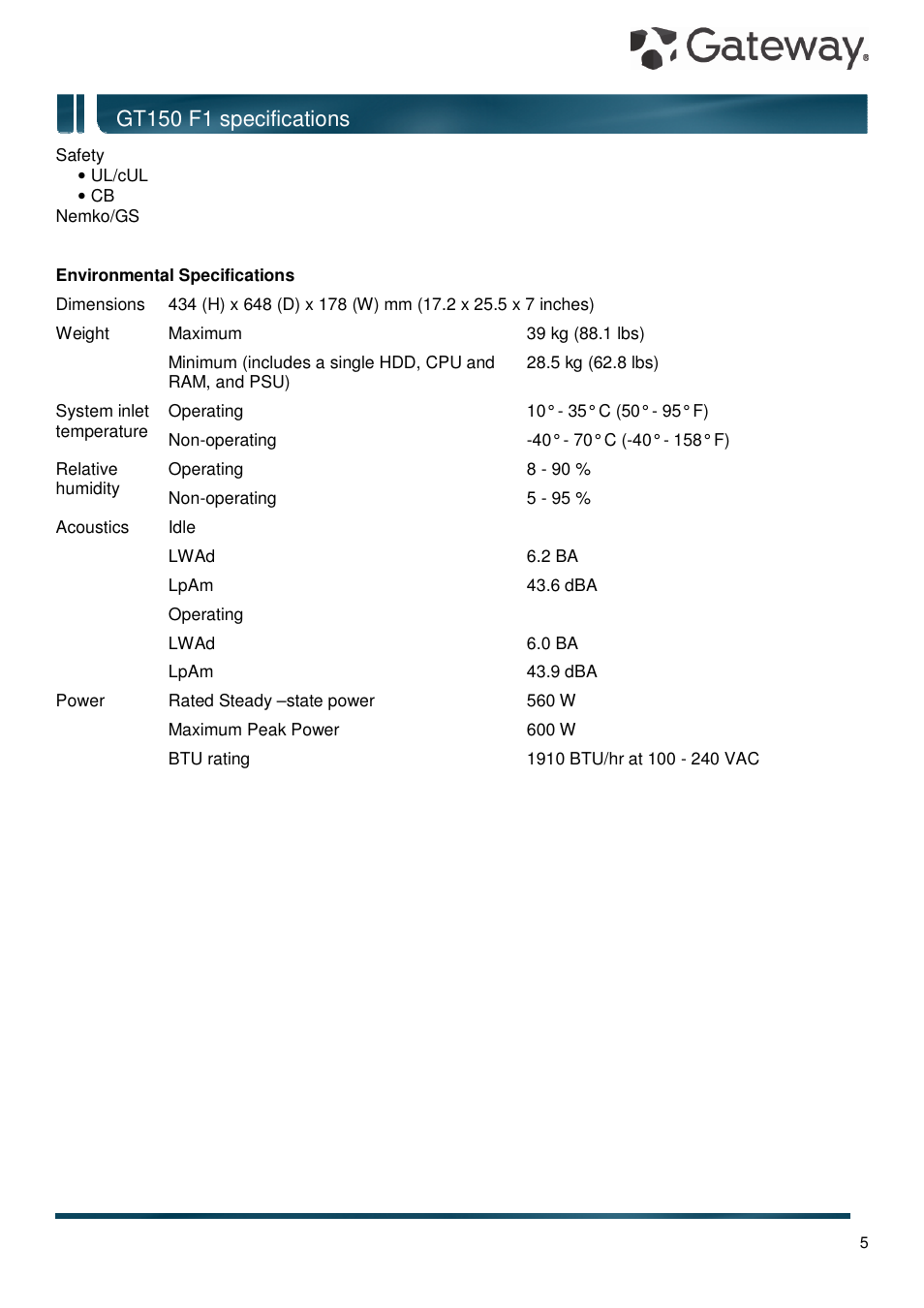 Gt150 f1 specifications | Gateway GT150 F1 User Manual | Page 5 / 16