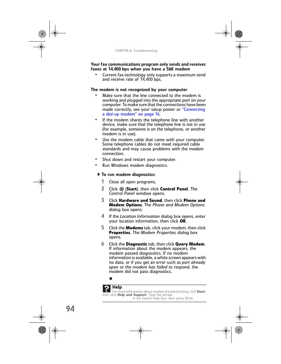 The modem is not recognized by your computer, To run modem diagnostics | Gateway GT5062b User Manual | Page 100 / 142