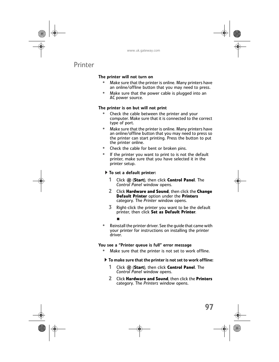 Printer, The printer will not turn on, The printer is on but will not print | To set a default printer, You see a “printer queue is full” error message | Gateway GT5062b User Manual | Page 103 / 142