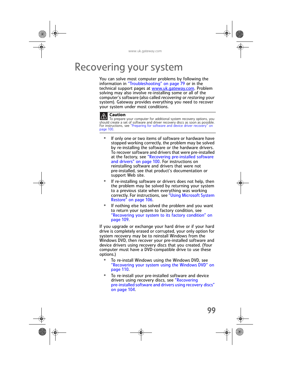 Recovering your system, Recovering your system” on | Gateway GT5062b User Manual | Page 105 / 142